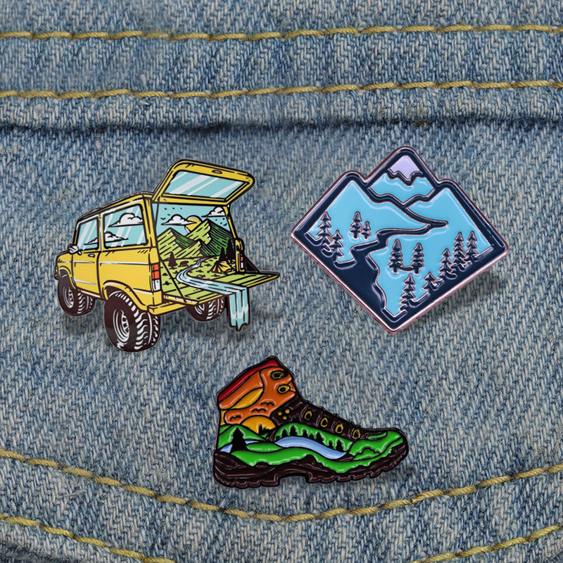 Outdoor Camping Logo - Hiking Boots Outdoor Forest Adventure Enamel